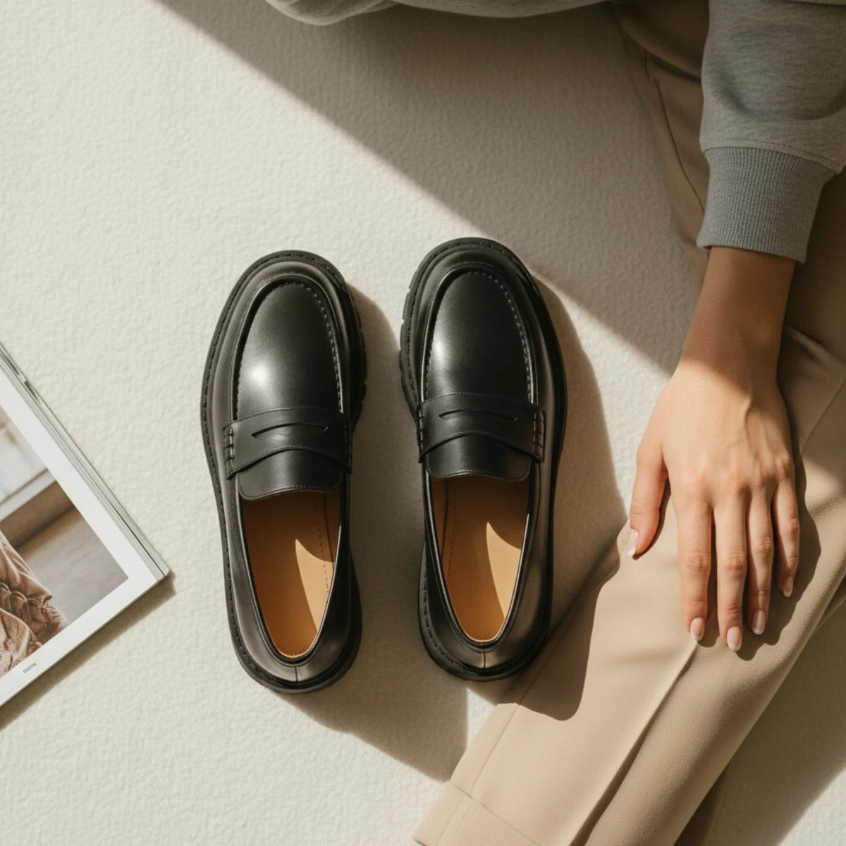 Faceless waist-down shot of beige tailored trousers with black chunky loafers and the hem of a grey marl sweatshirt