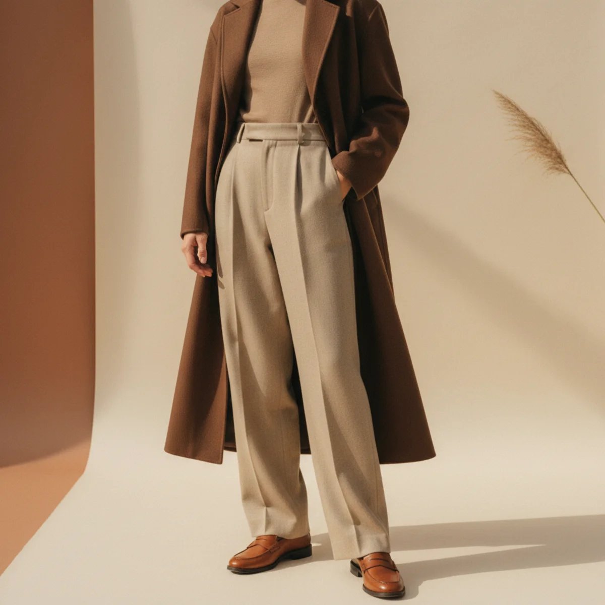 Faceless full-length editorial of beige wide-leg tailored trousers with a long chocolate-brown wool coat and brown loafers