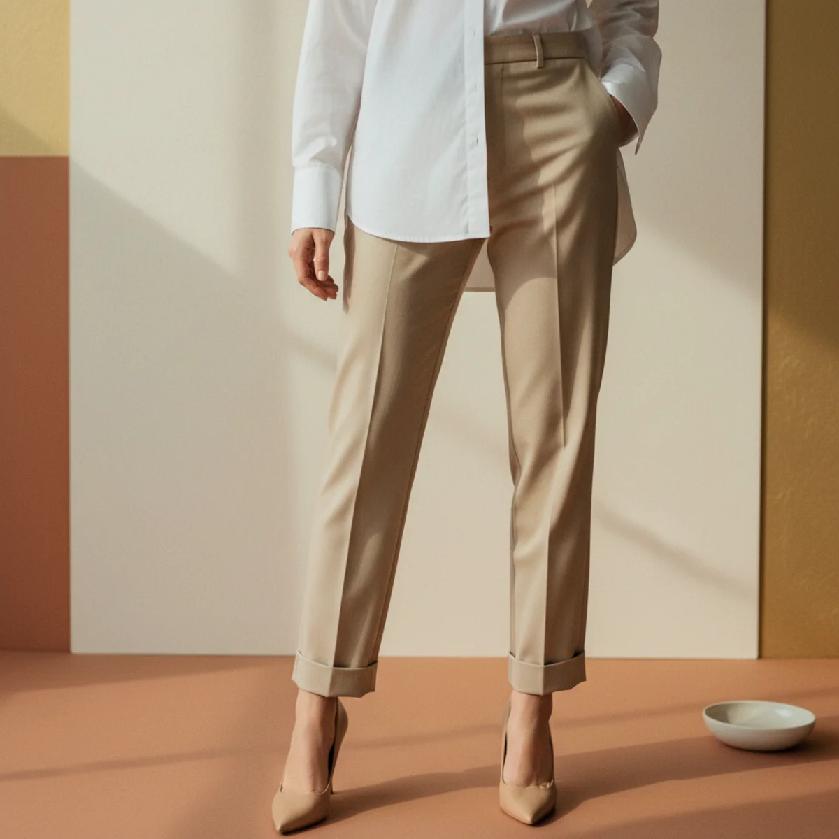 Faceless waist-down editorial of beige straight-leg tailored trousers with nude pointed-toe heels and a half-tucked oversized white shirt