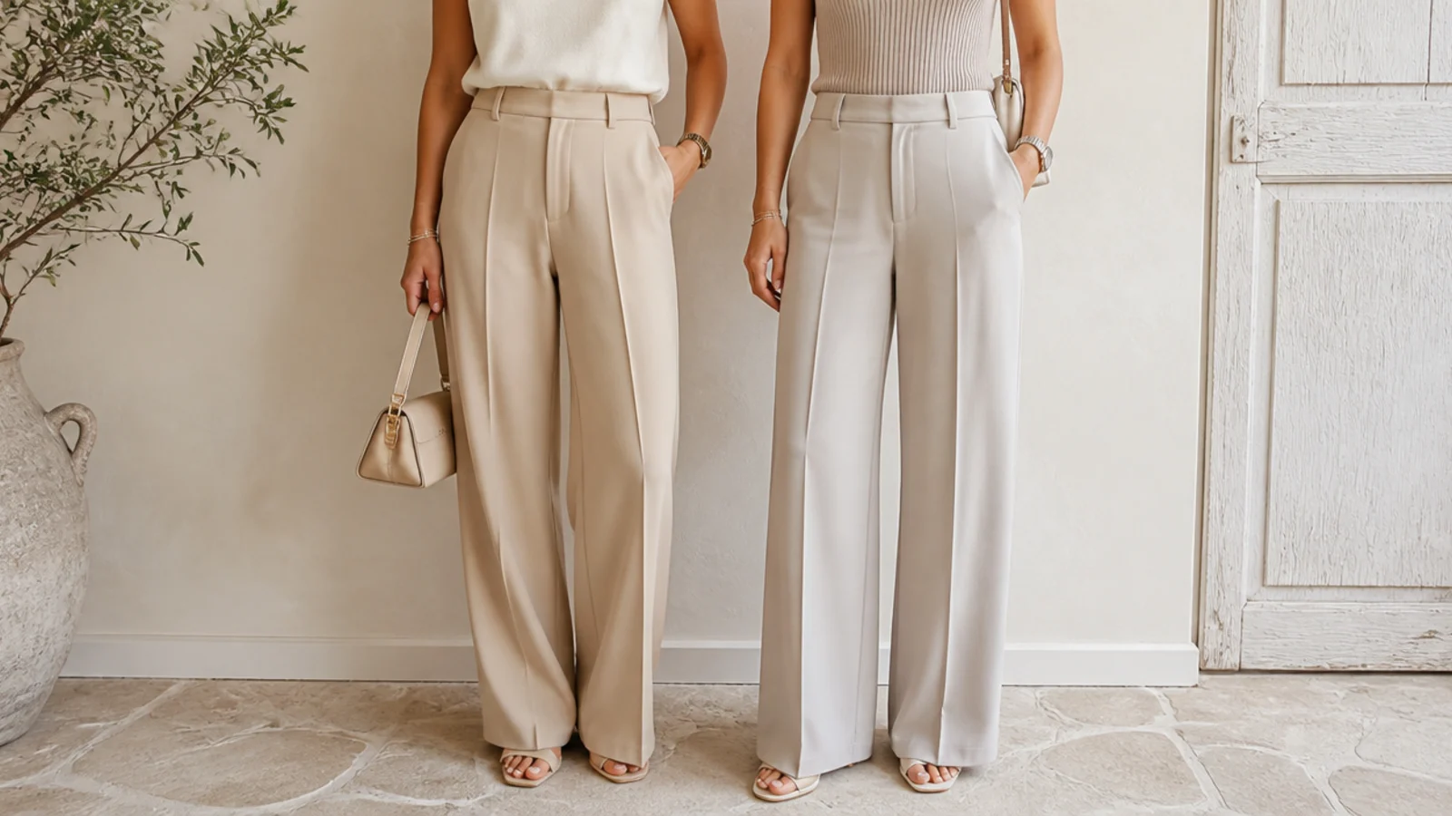 Faceless close-up comparing a warm sandy beige trouser and a cooler gray-toned greige trouser with matching tops