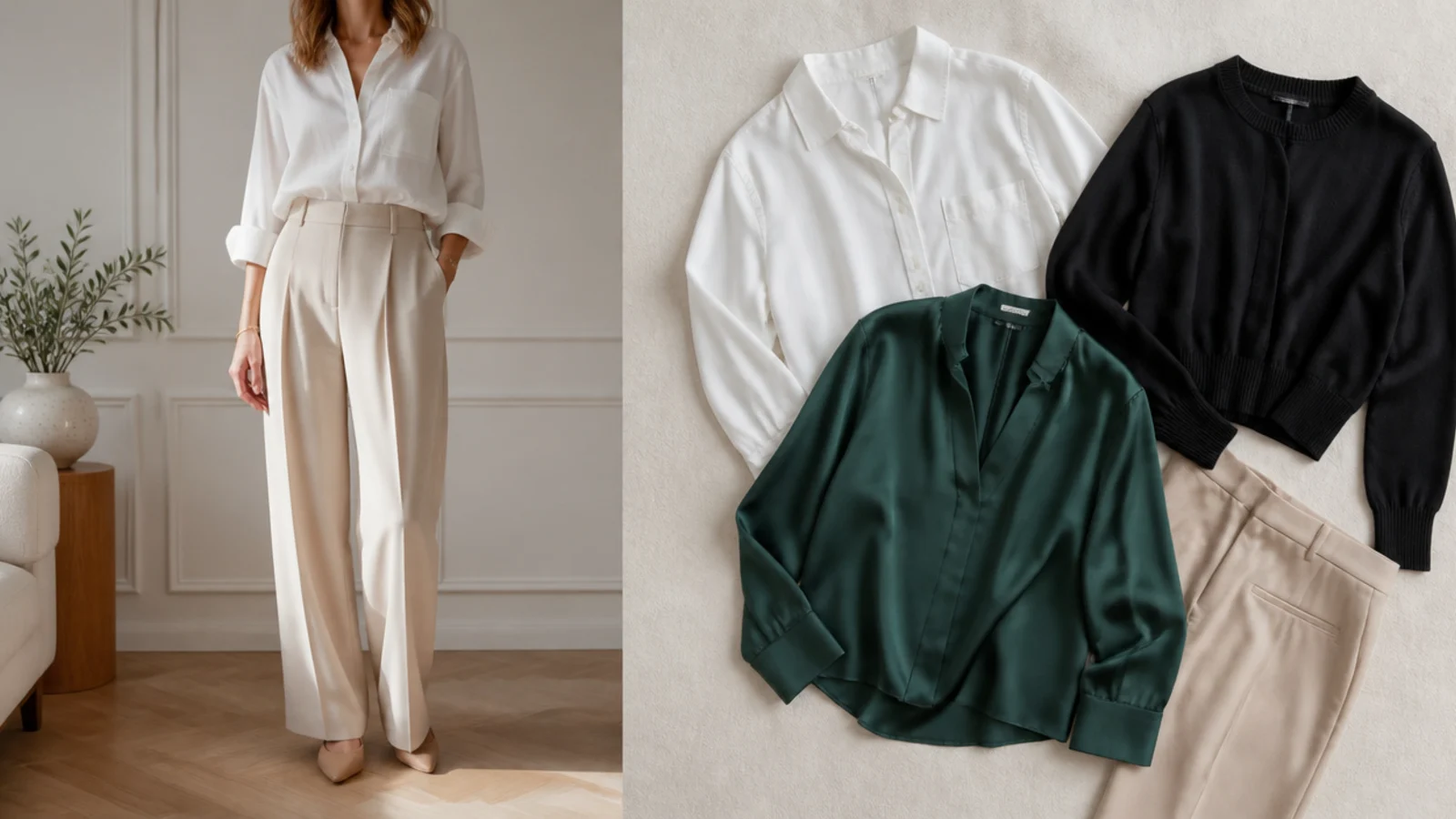 Faceless waist-up flat-lay of a white blouse, a black knit and a forest-green silk top laid over beige trousers