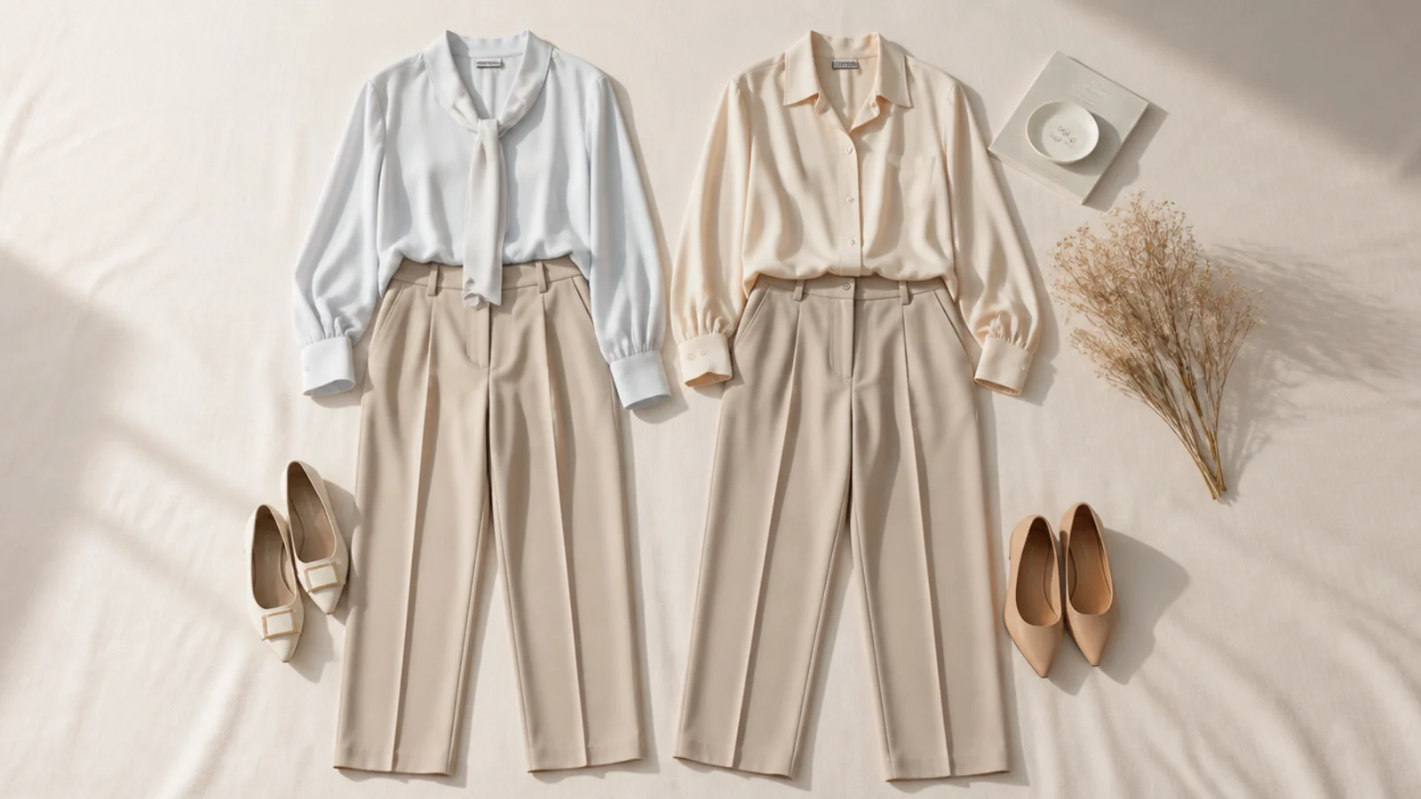 Faceless flat-lay comparing an icy pastel top and a near-beige top against tailored beige trousers