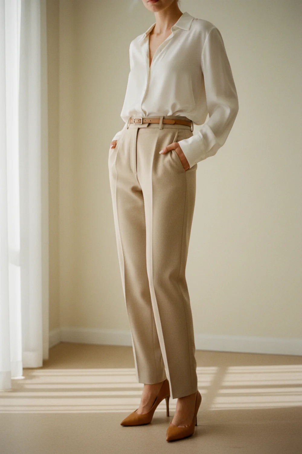 Faceless waist-down shot of tailored beige trousers with pointed-toe camel heels — classic workwear dressing