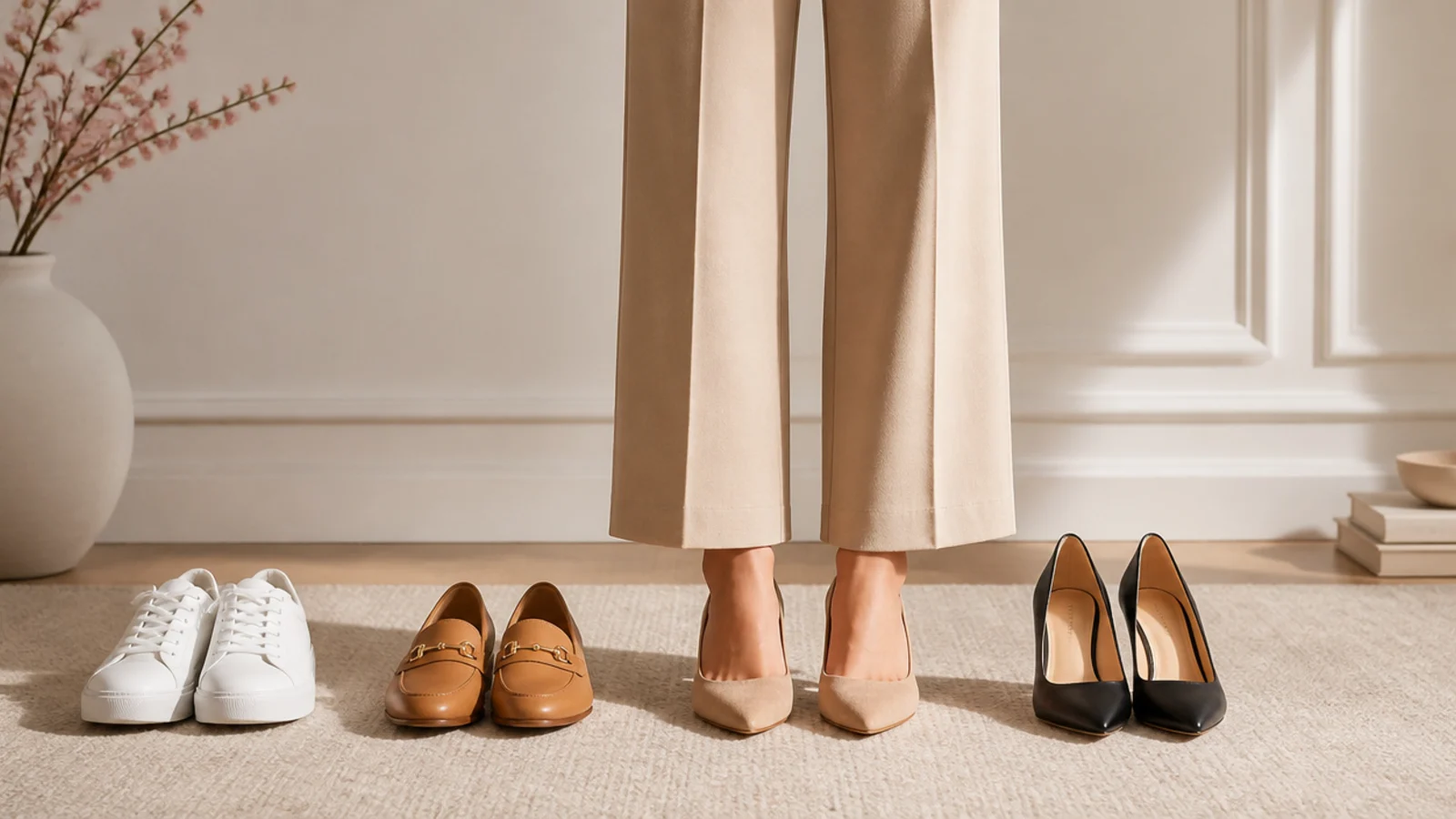 Faceless flat-lay of white sneakers, tan loafers, black heels and nude pumps arranged below beige trouser hems