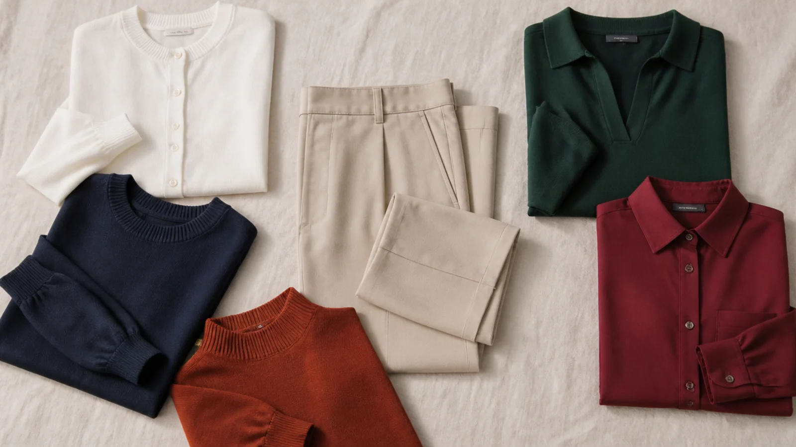 Faceless flat-lay of white, navy, forest green, burgundy and rust tops arranged around folded beige trousers