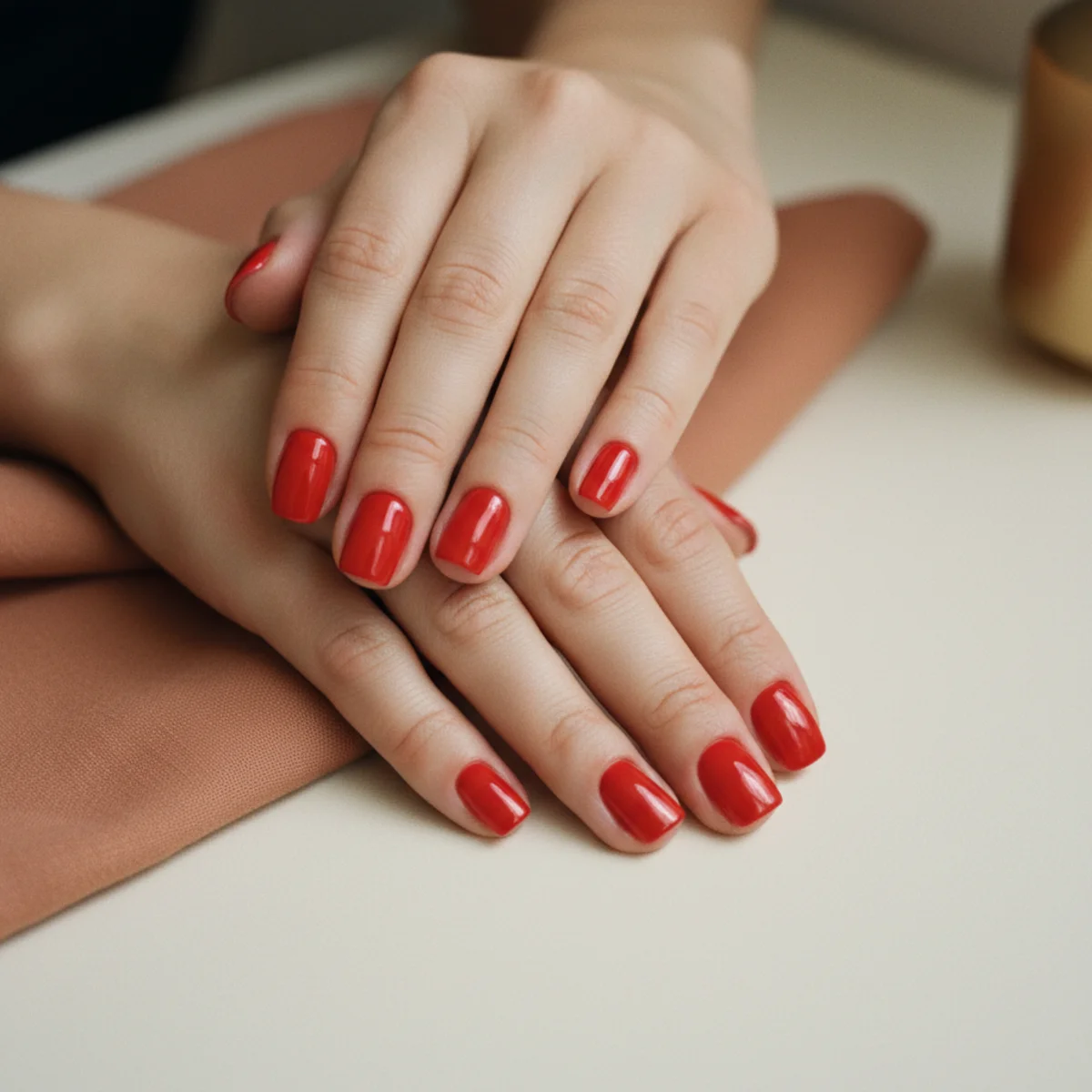 Short square nails in a glossy fire-engine red on a cream surface