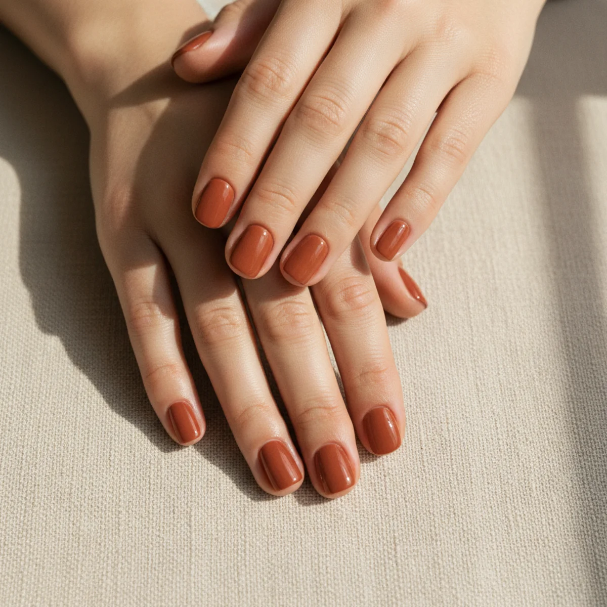 Short rounded nails in a warm terracotta orange-brown on a warm linen background
