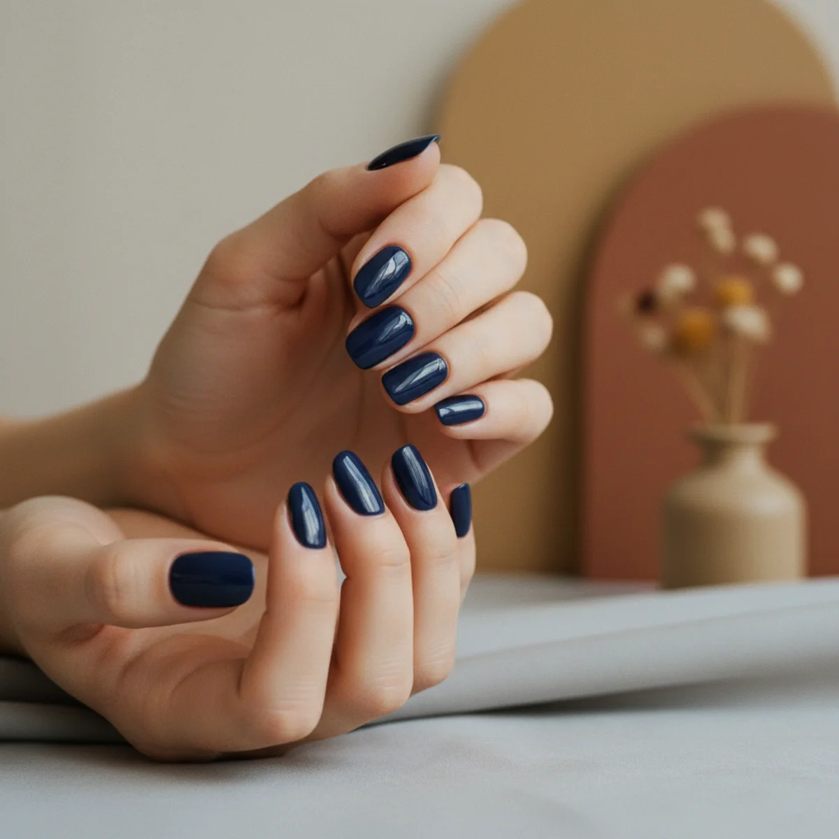 Short oval nails in a deep glossy navy blue on a pale grey fabric