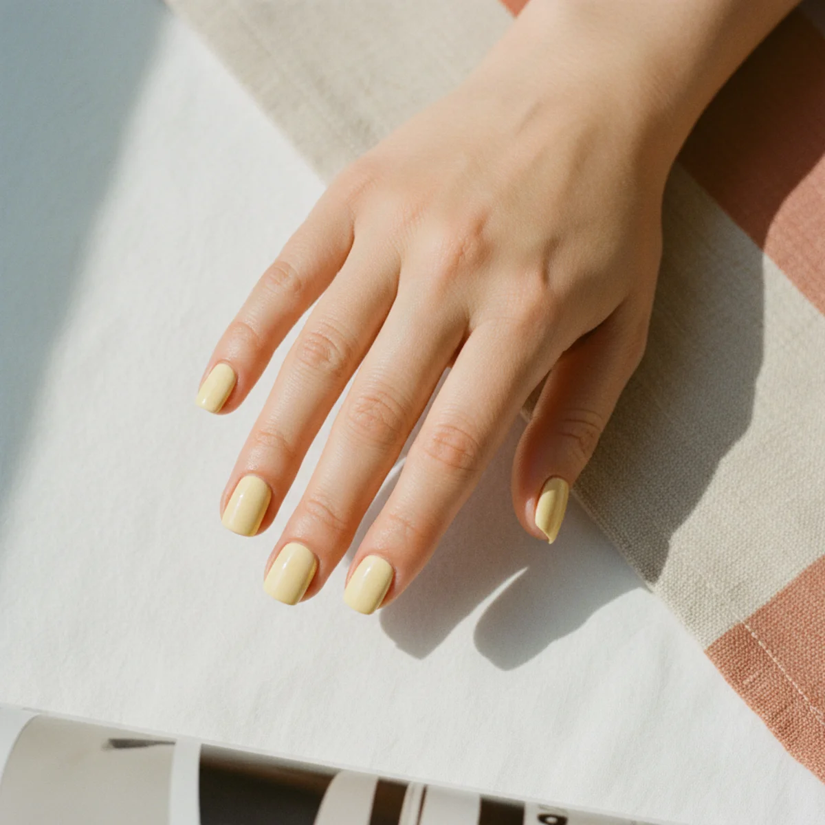Short square nails in a creamy soft butter-yellow on a white cotton background