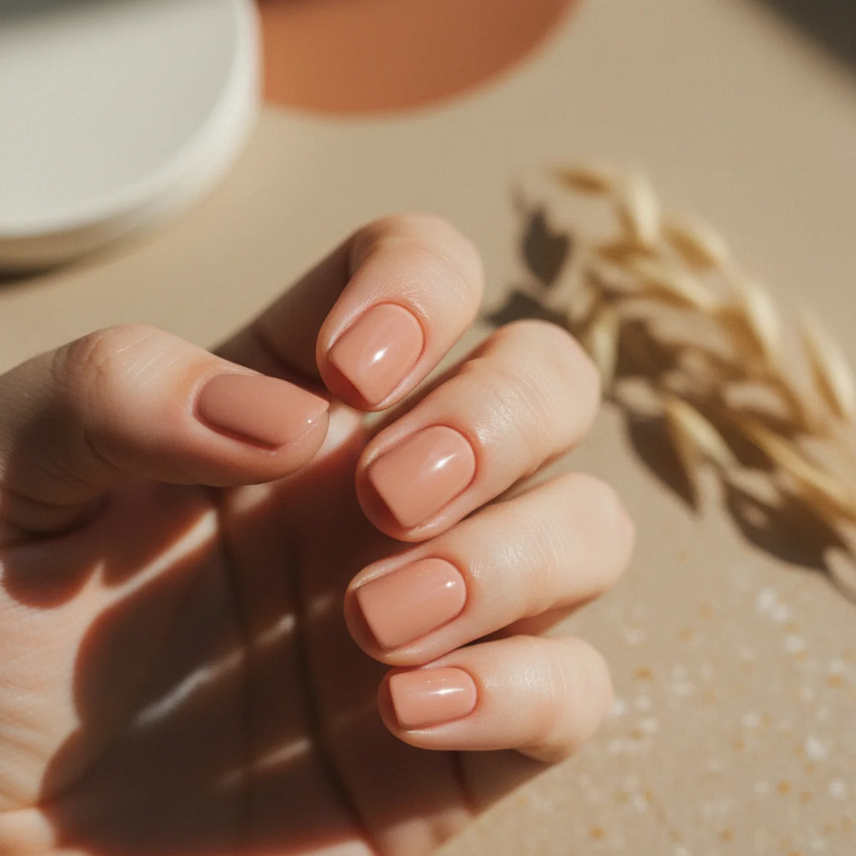 Short rounded nails in a glossy warm nude-pink with an even creme finish
