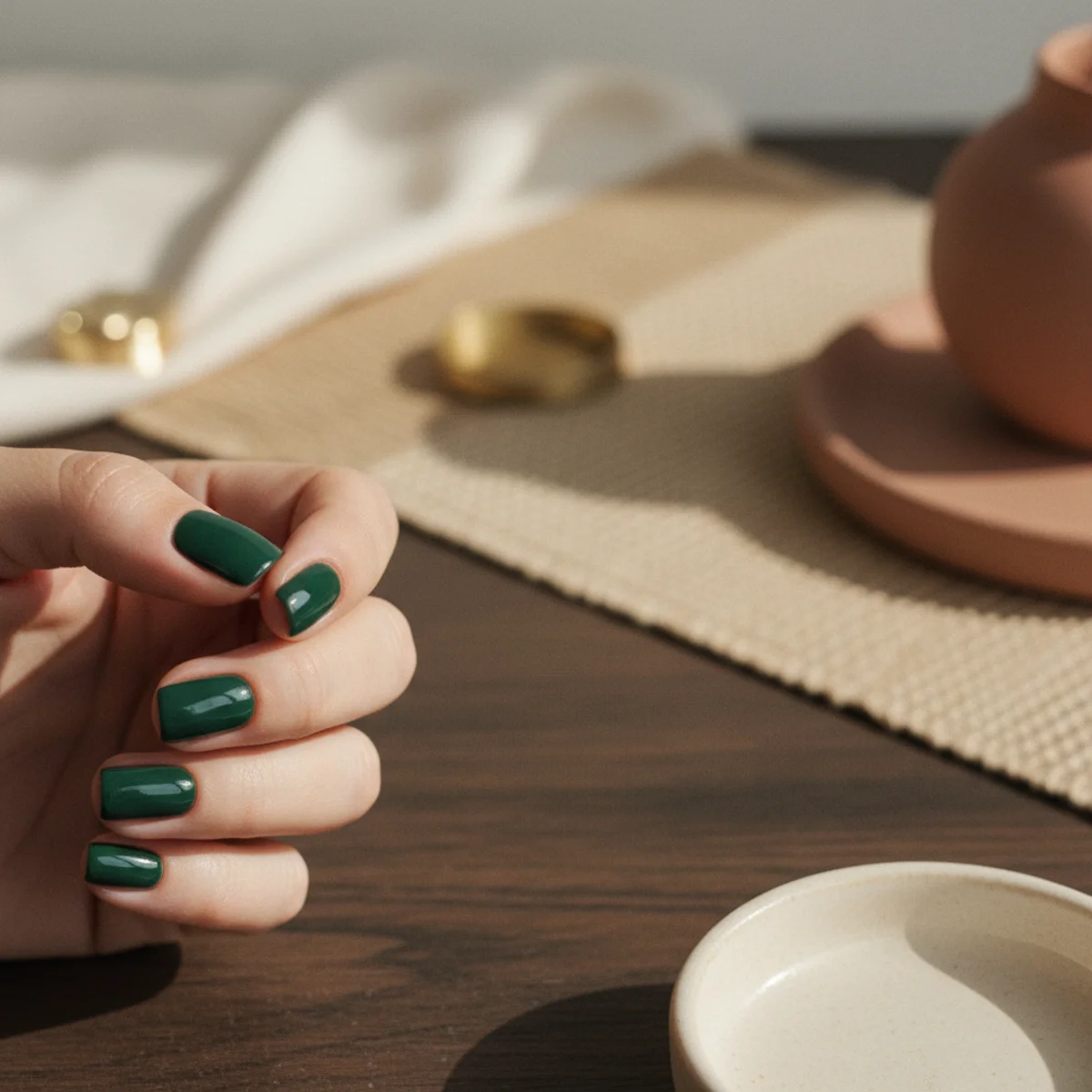 Short square nails in a deep glossy forest green on a dark wood surface