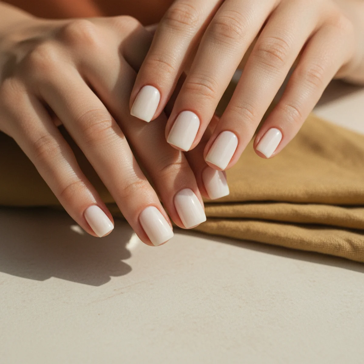 Short square nails in an opaque creamy off-white on a pale cream background