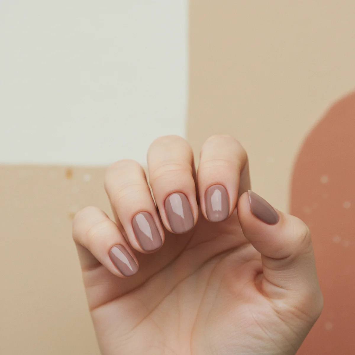 Short rounded nails in a muted mauve-taupe with a soft creme finish