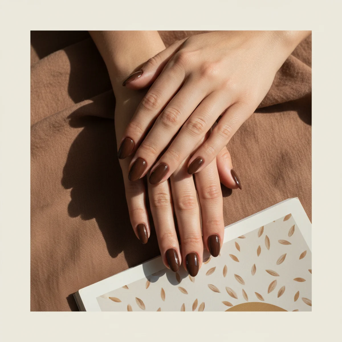 Short almond nails in a deep glossy chocolate brown on a warm brown linen