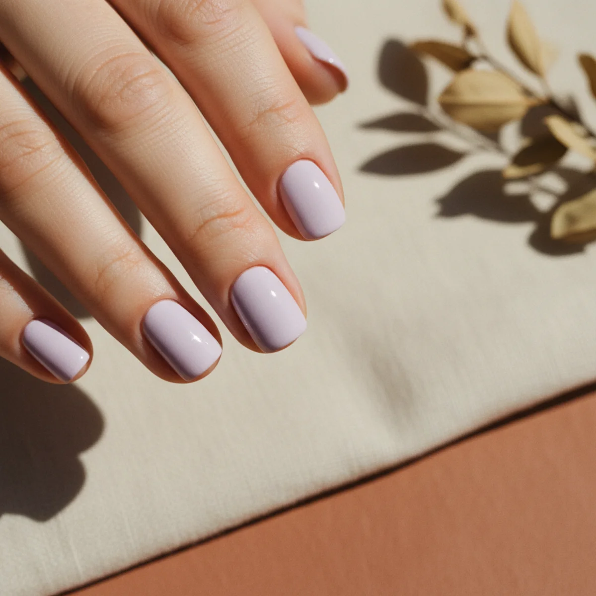 Short rounded nails in a soft creamy lilac mist on a pale background