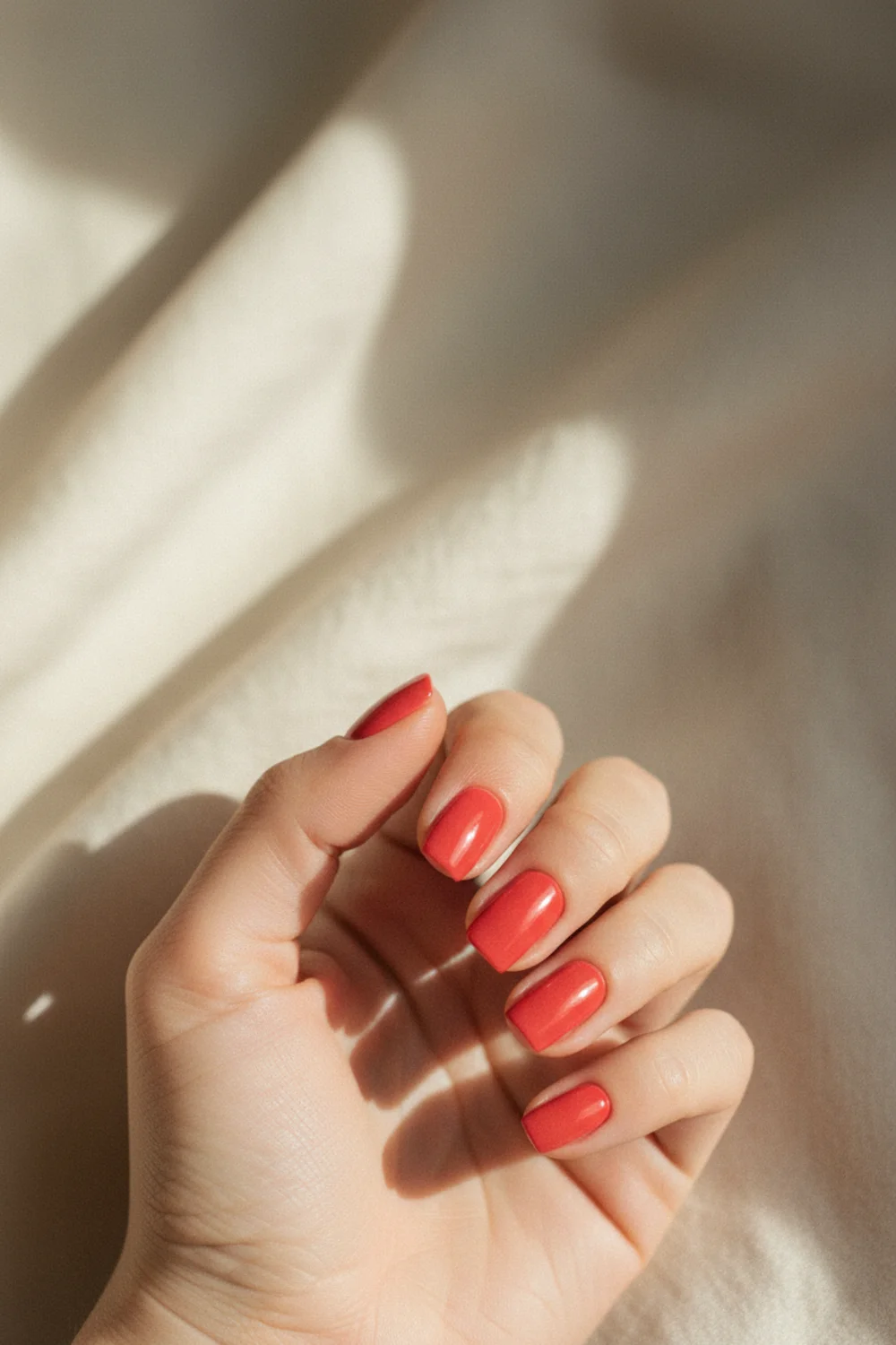 Short square nails in a glossy coral-red shade resting on cream fabric