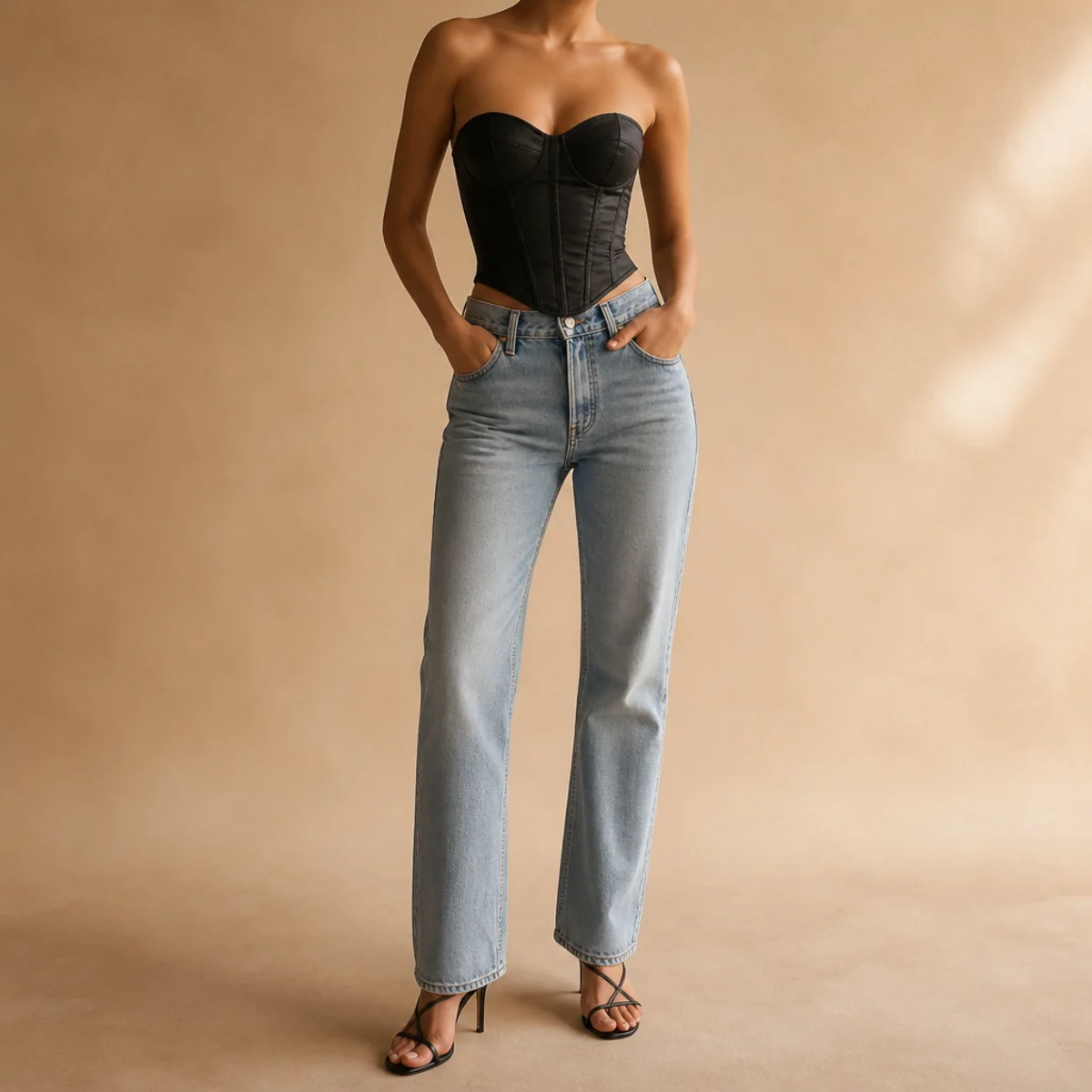 Faceless waist-up shot of a black corset top with mid-wash blue jeans and heels