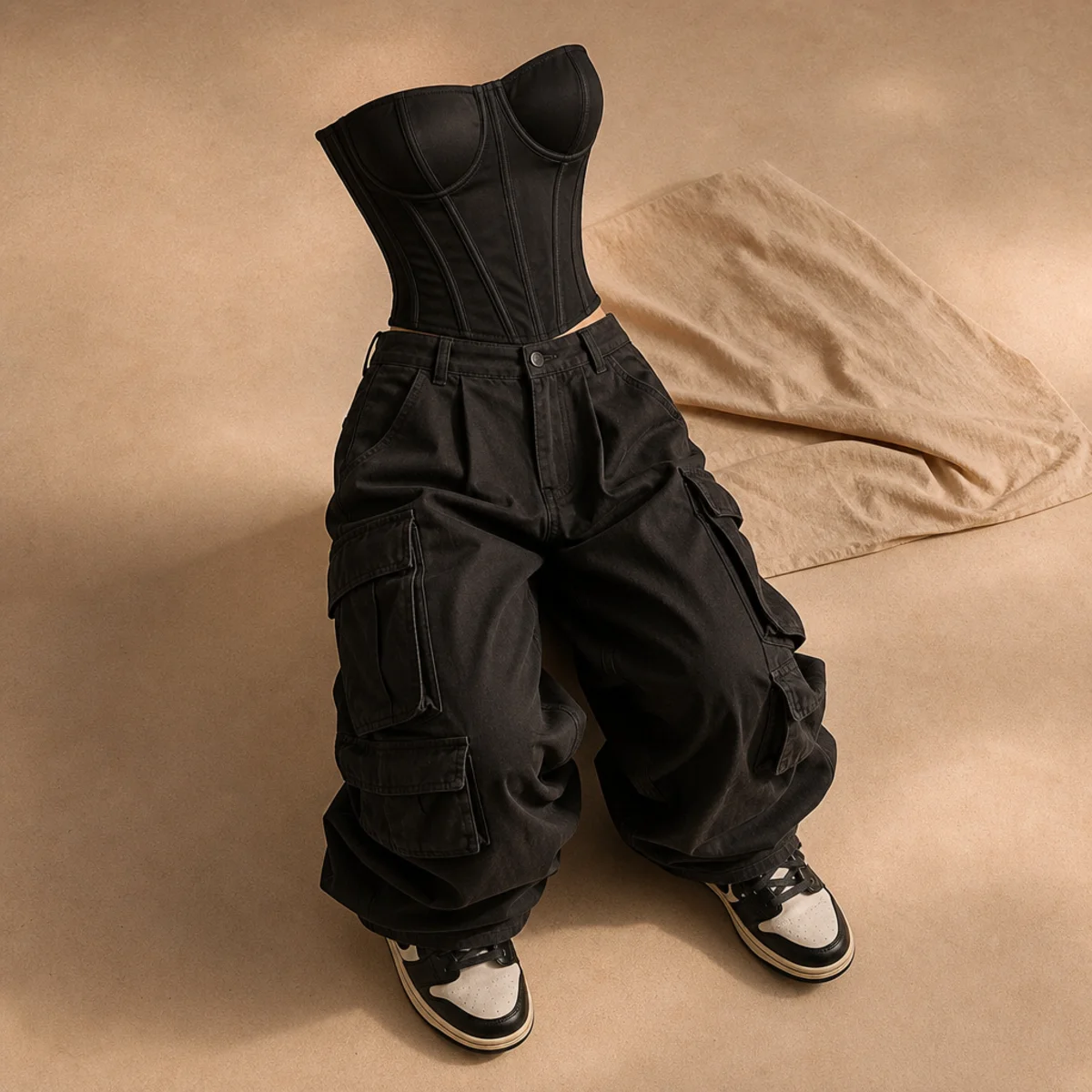 Faceless waist-up shot of a black corset top with baggy cargo pants and sneakers