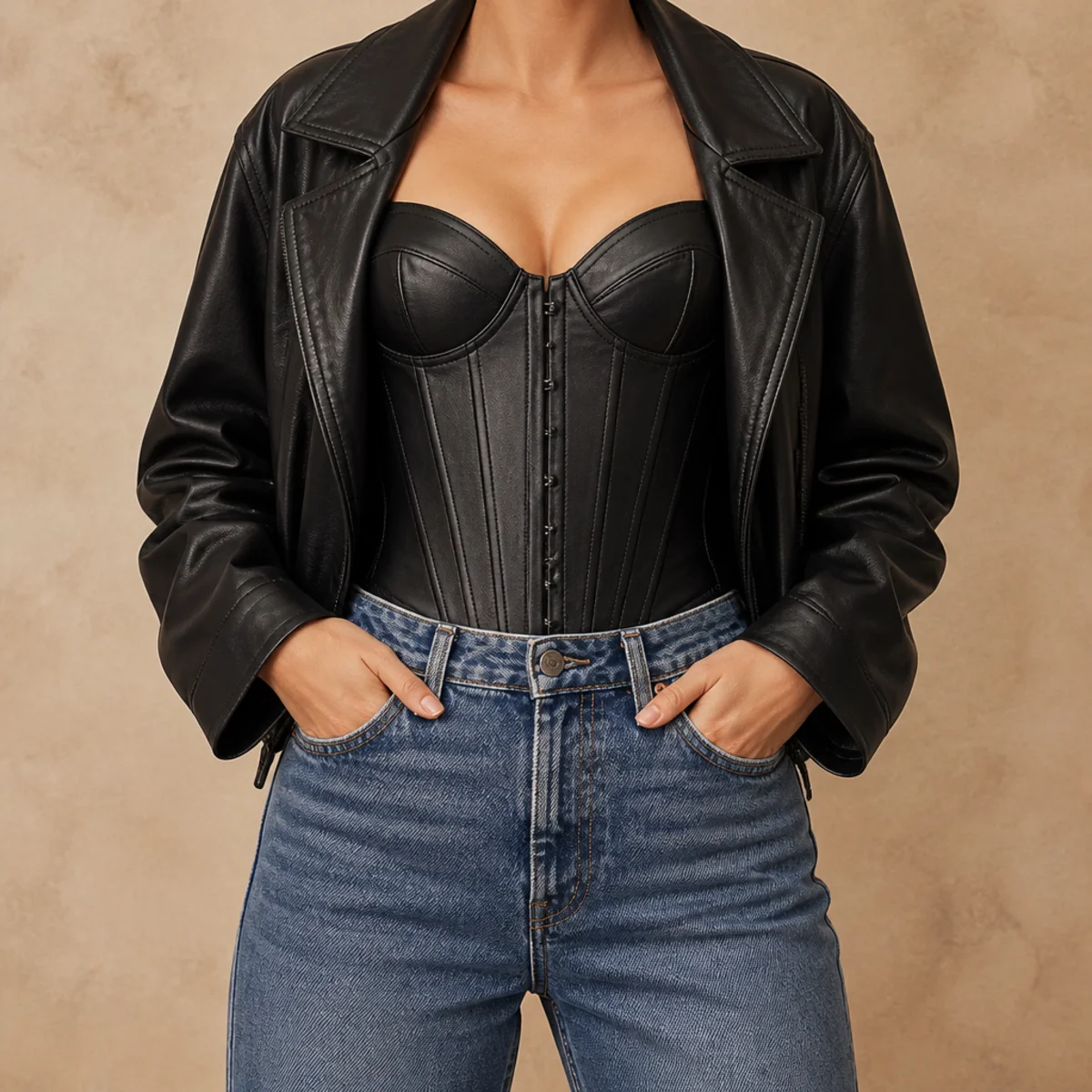 Faceless waist-up shot of a black corset top under a black leather jacket with jeans