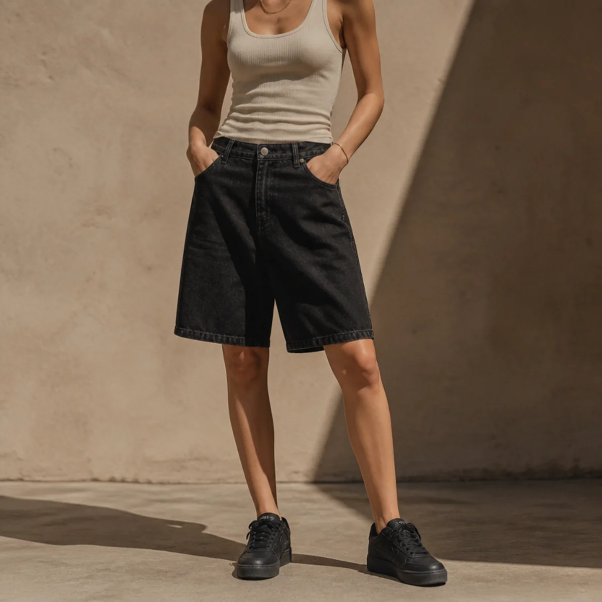 Faceless waist-down editorial shot of black denim jorts with a fitted tank and black sneakers