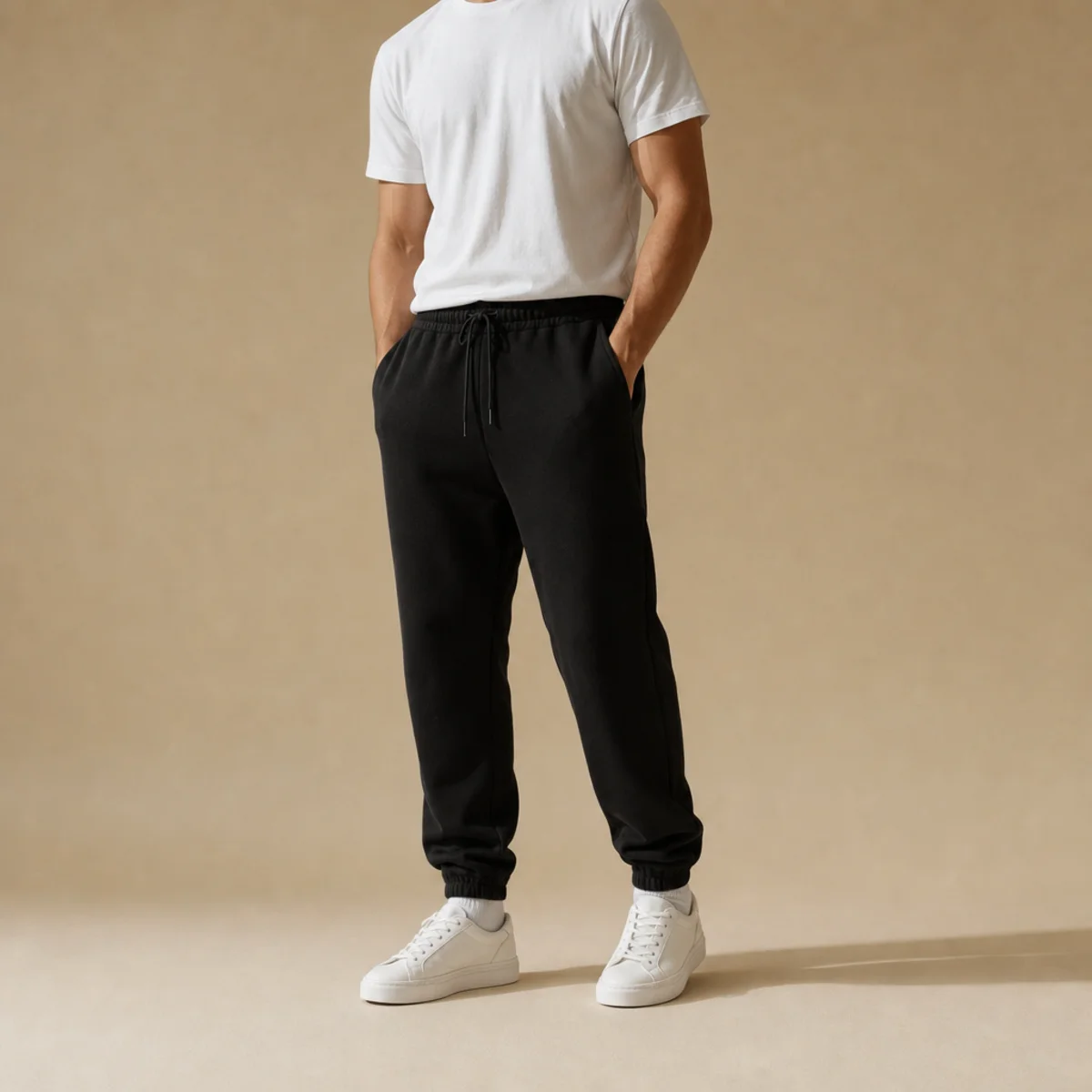Faceless waist-down shot of black sweatpants with a tucked-in crisp white tee and white trainers