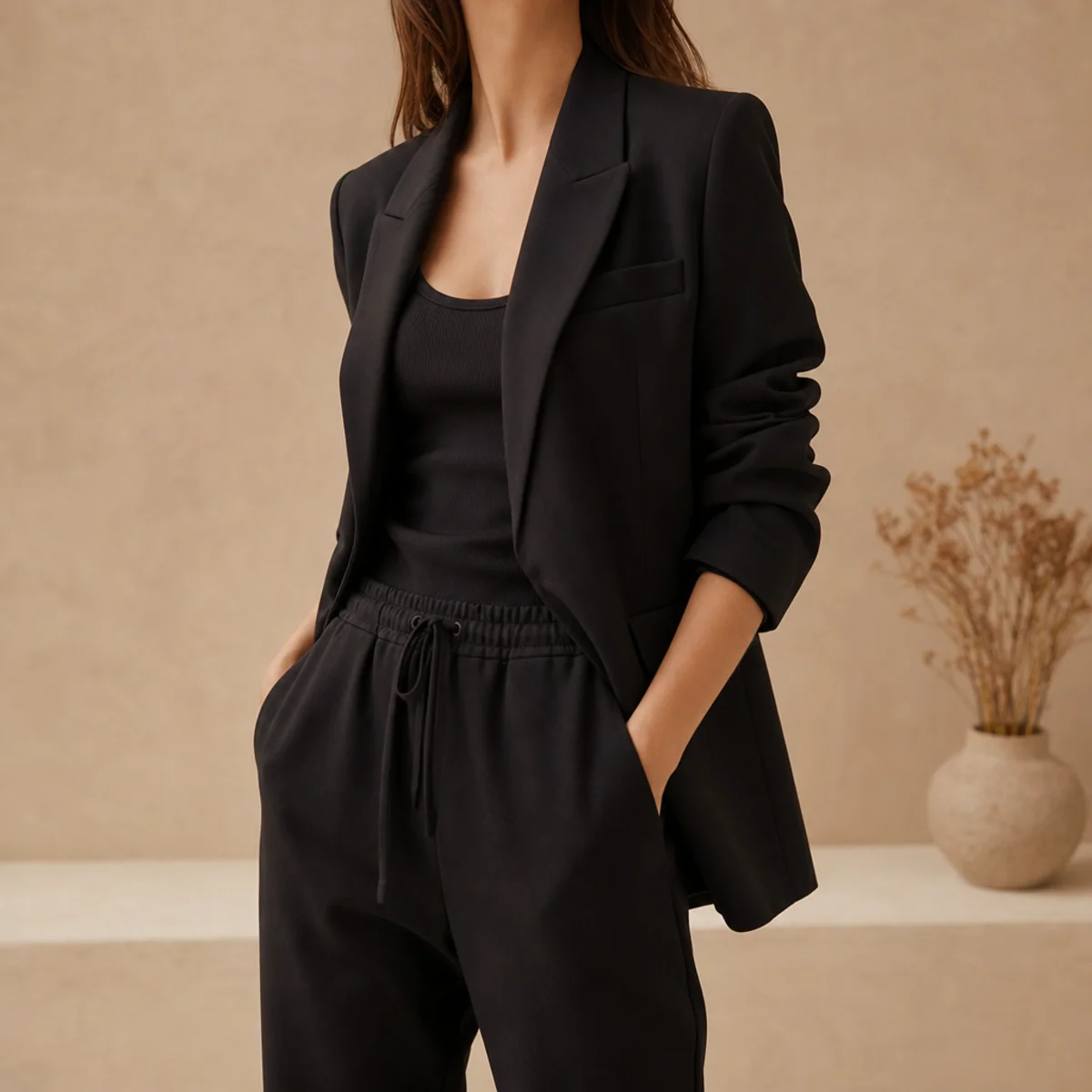 Faceless waist-up shot of a structured black blazer over a tank with tapered black sweatpants