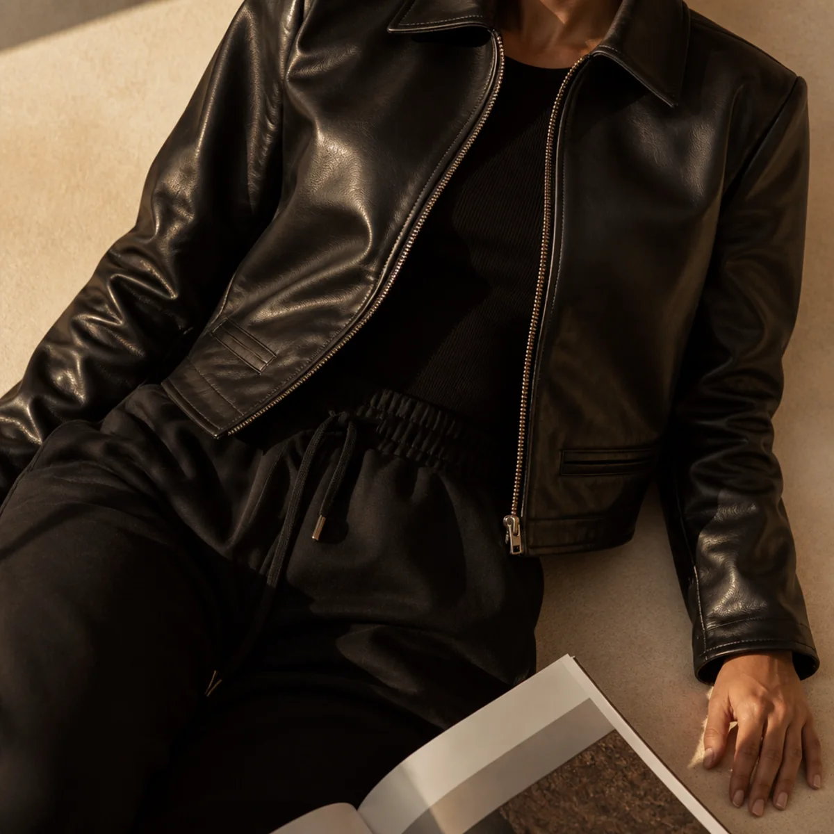 Faceless waist-up shot of a fitted black leather jacket over a black top with black sweatpants