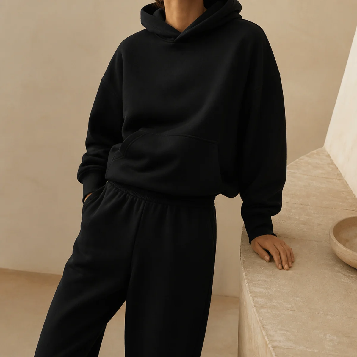 Faceless waist-up shot of a matching black hoodie and black sweatpants worn as a set