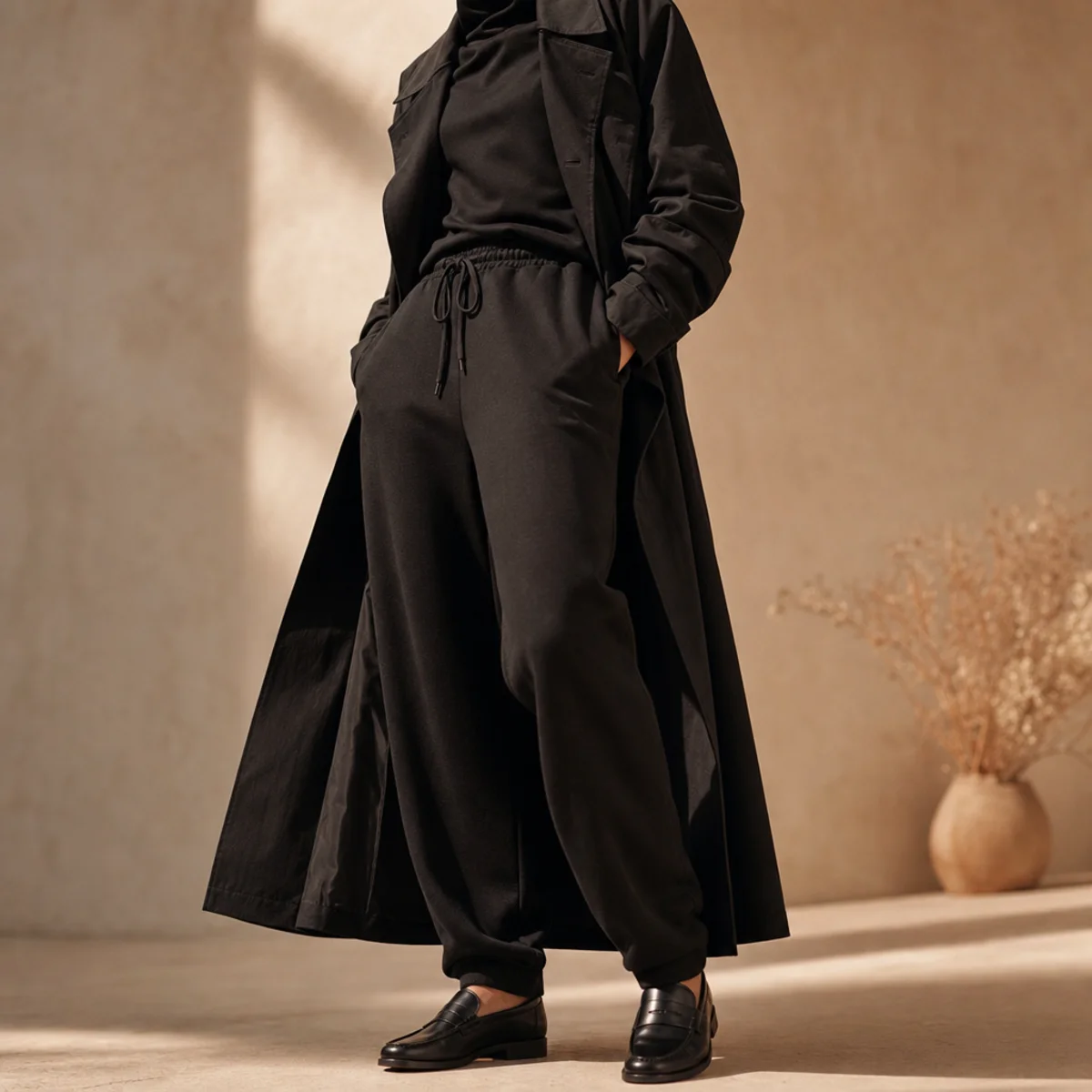 Faceless full-length shot of a black trench coat worn open over black sweatpants and loafers