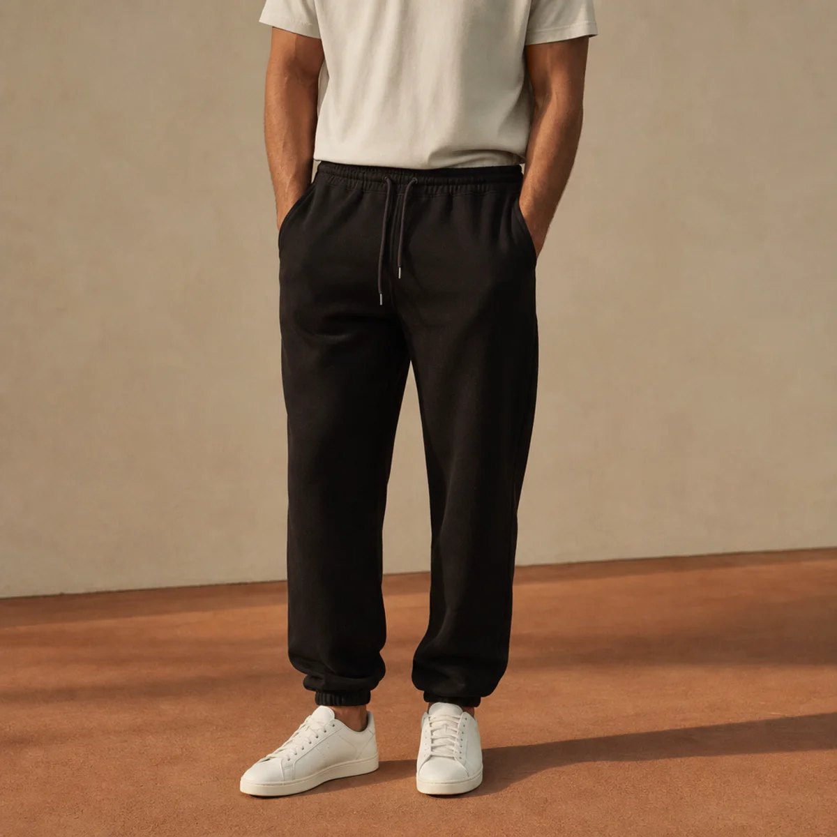 Faceless waist-down editorial shot of black sweatpants with a tucked-in tee and white trainers
