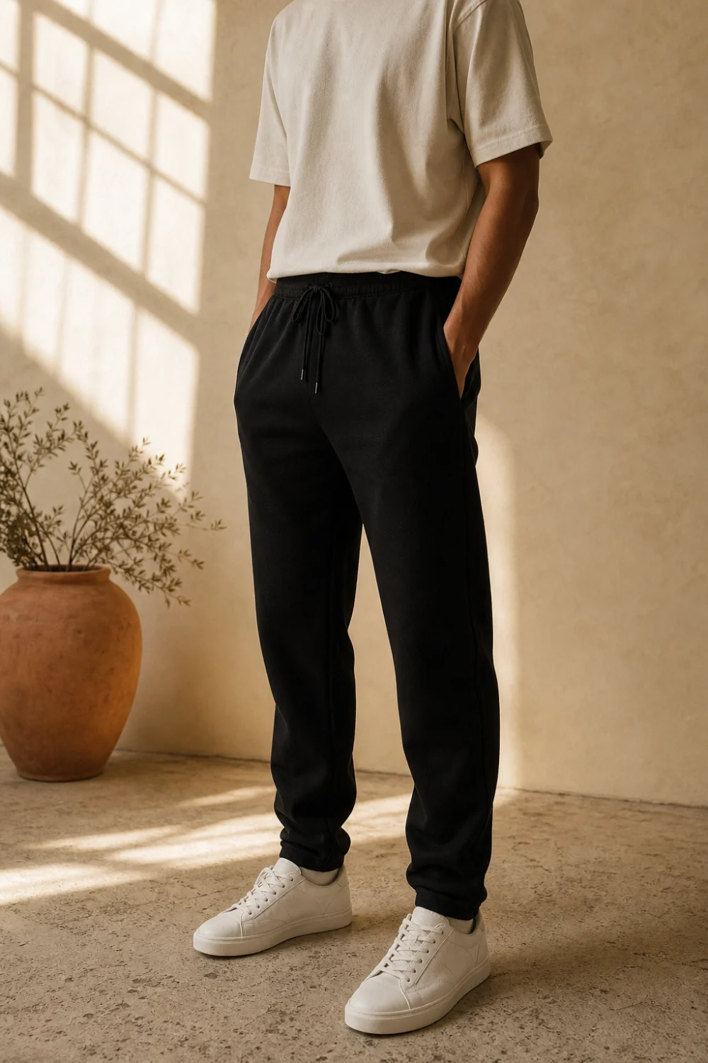 Faceless sleek black sweatpants outfit with a fitted top and chunky boots