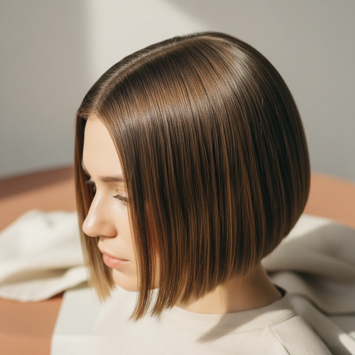 Side view of a sharp blunt bob sitting just below the jaw with a glossy smooth finish