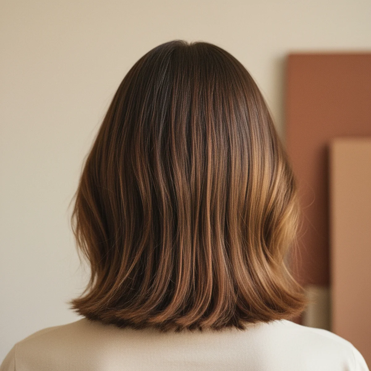 Back view of a long bob with choppy textured ends and soft natural movement