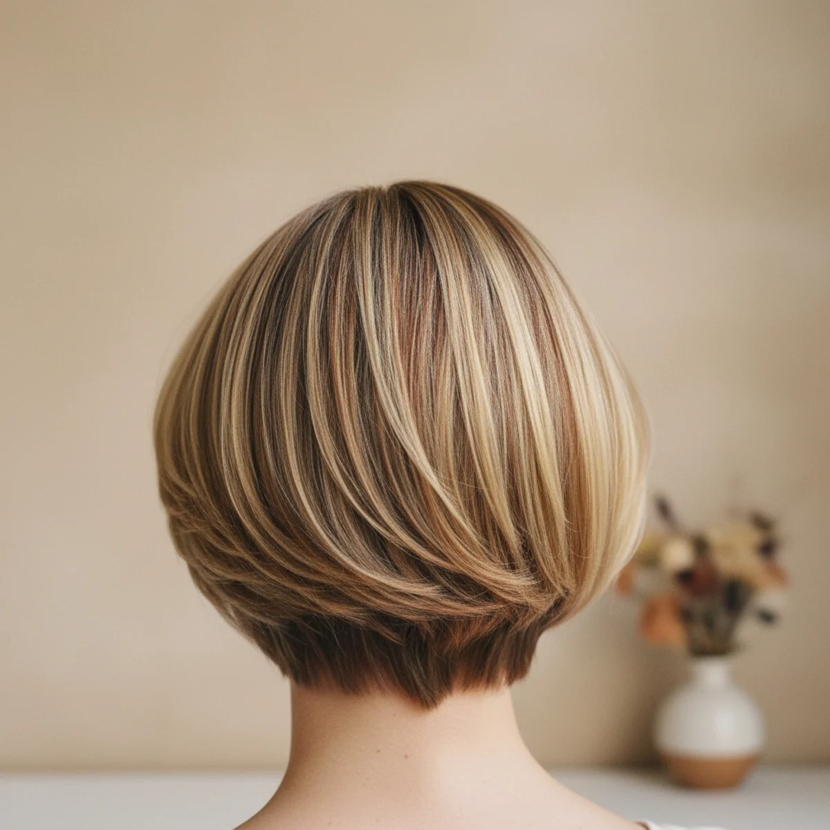 Back view of a close-stacked bob haircut showing dramatic graduation and volume at the crown