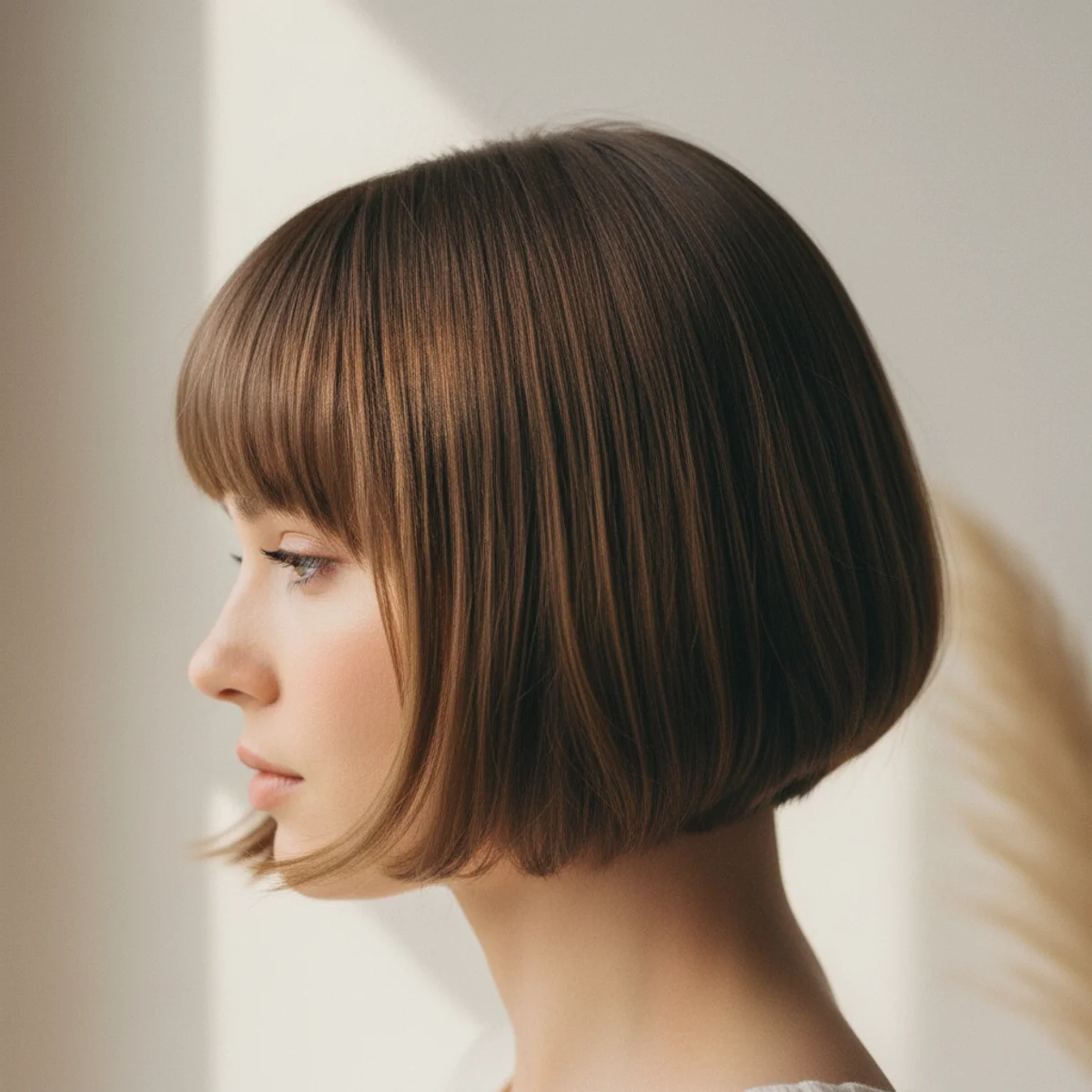 Side view of a short chin-length French bob with a blunt fringe and soft natural texture