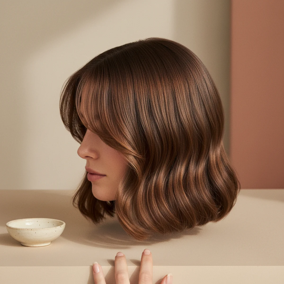 Front-facing side view of a lob with a soft centre-parted curtain fringe and wavy texture