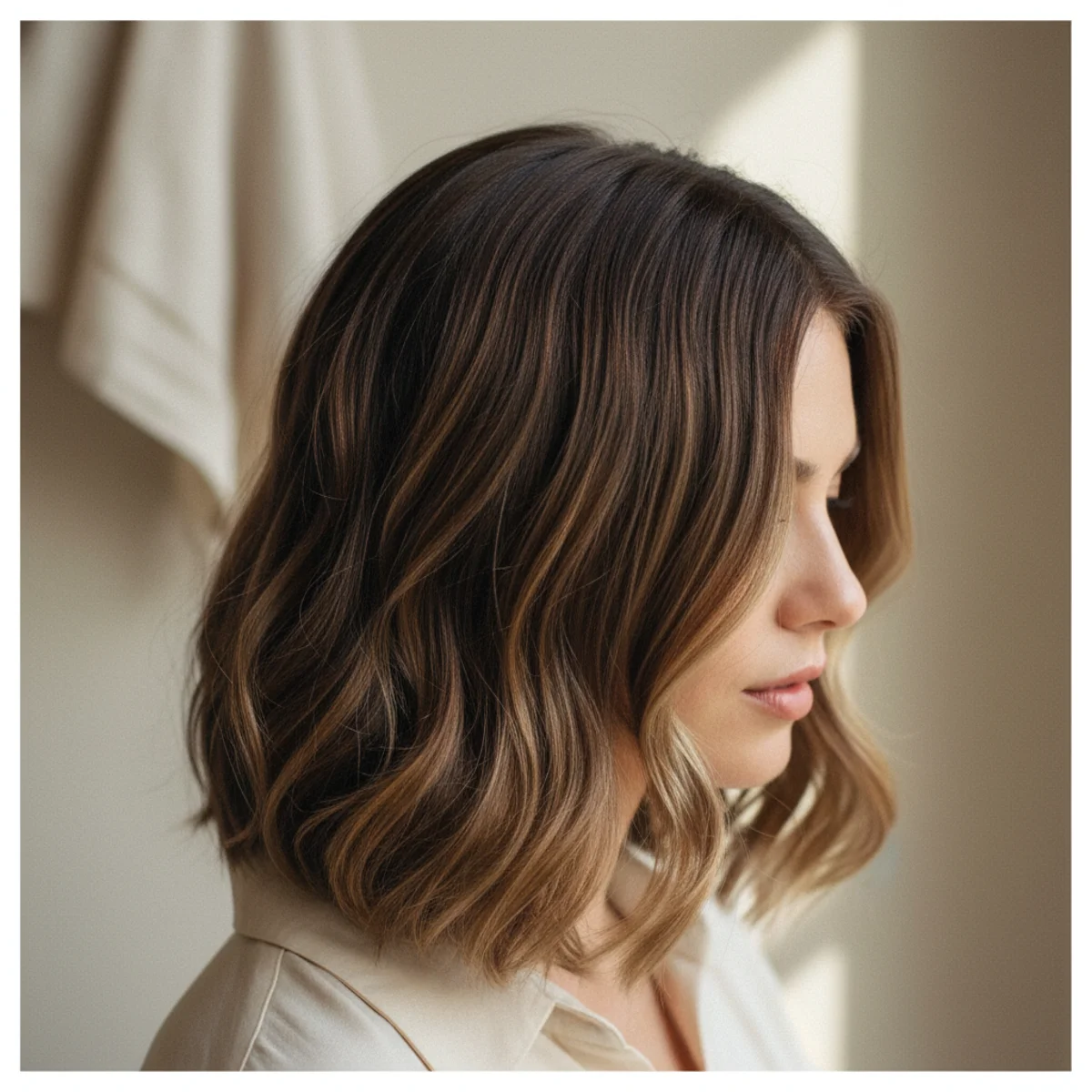 Back view of a midi-length bob with relaxed natural waves and a soft slightly undone finish