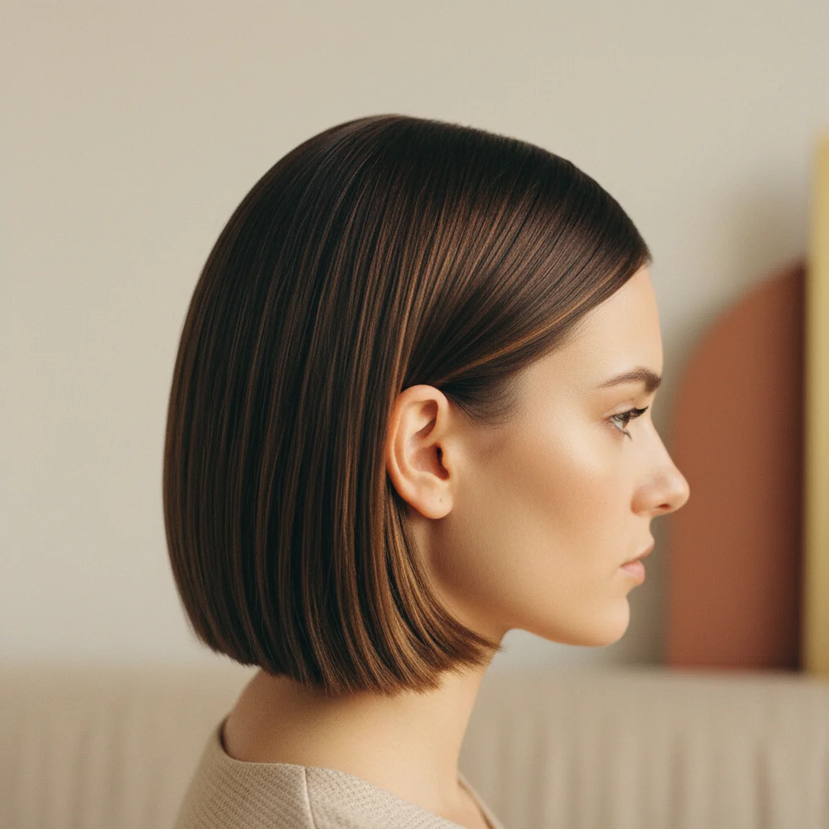 Side view of a sleek polished bob cut precisely at jaw level with a glassy finish