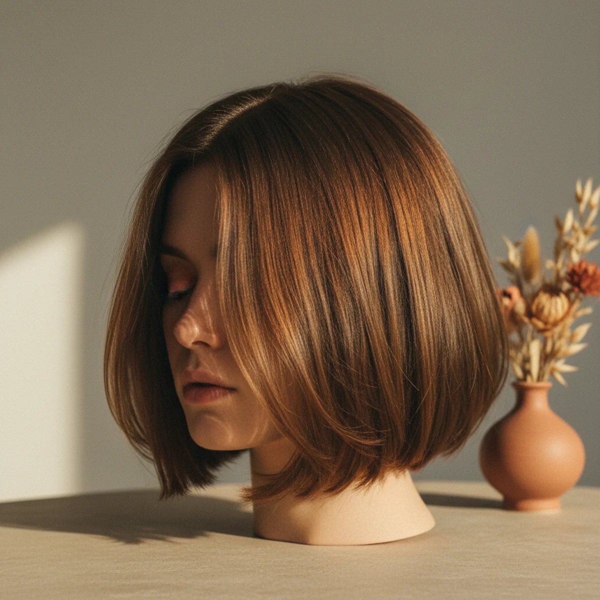 Side view of a chin-length bob with visibly choppy point-cut ends and natural tousled movement