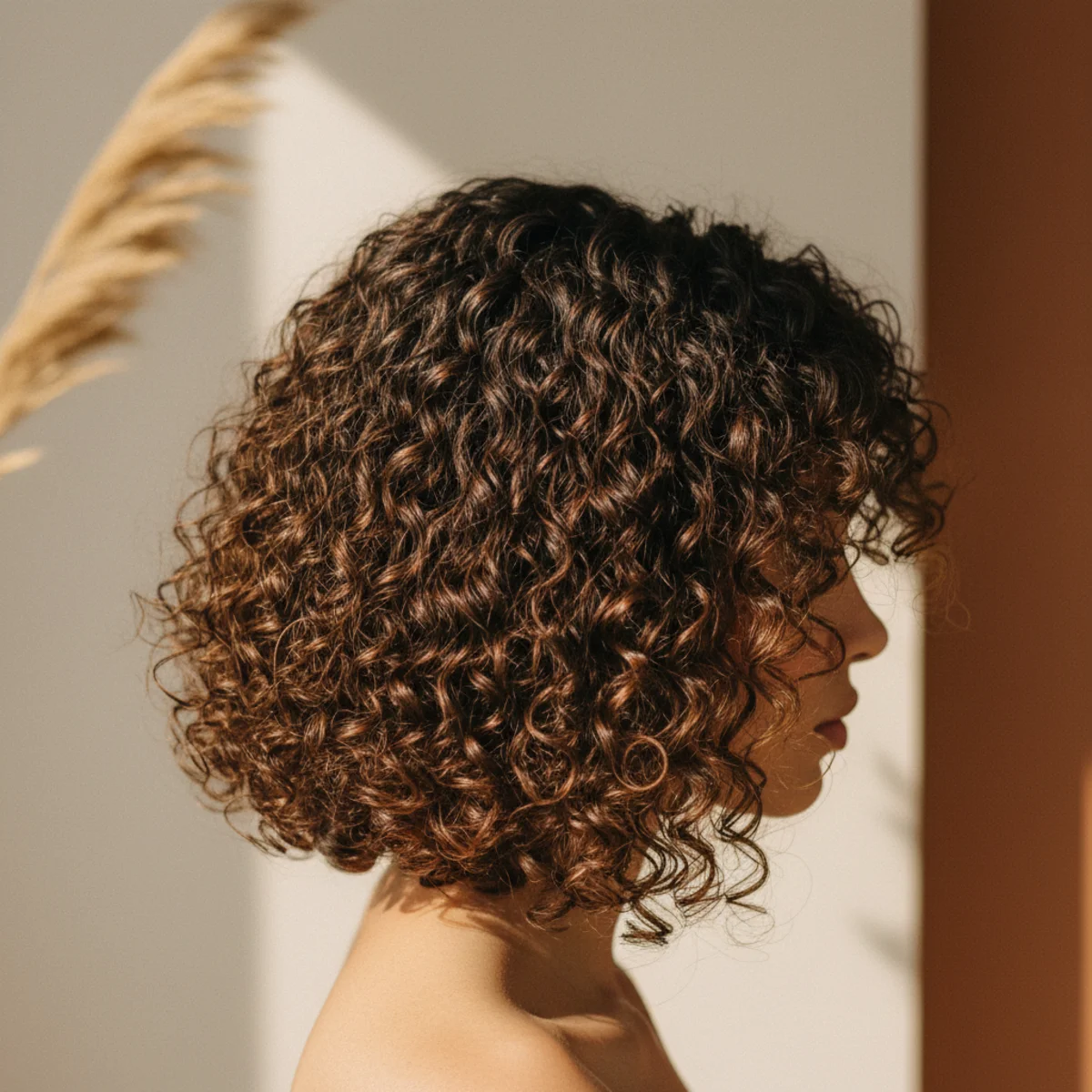 Side view of a chin-length bob on naturally curly hair with defined spring spiral curls