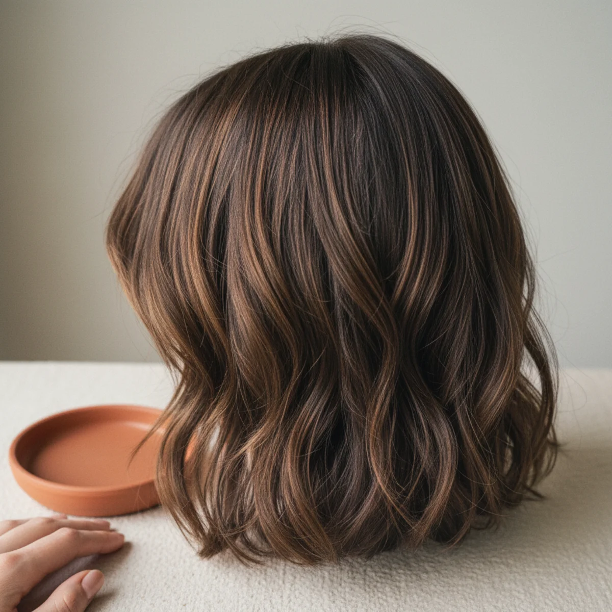 Back view of a shaggy layered wolf-cut bob with curtain fringe and tousled texture