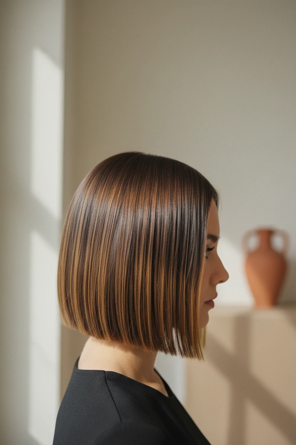 Side profile of a sleek blunt bob at jaw length, clean and modern