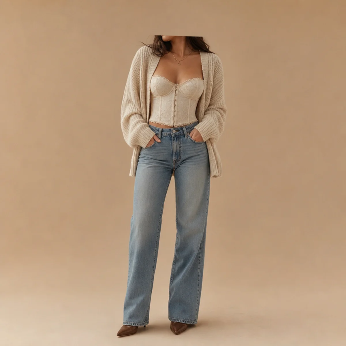 Faceless waist-up shot of a corset top under an open knit cardigan with jeans