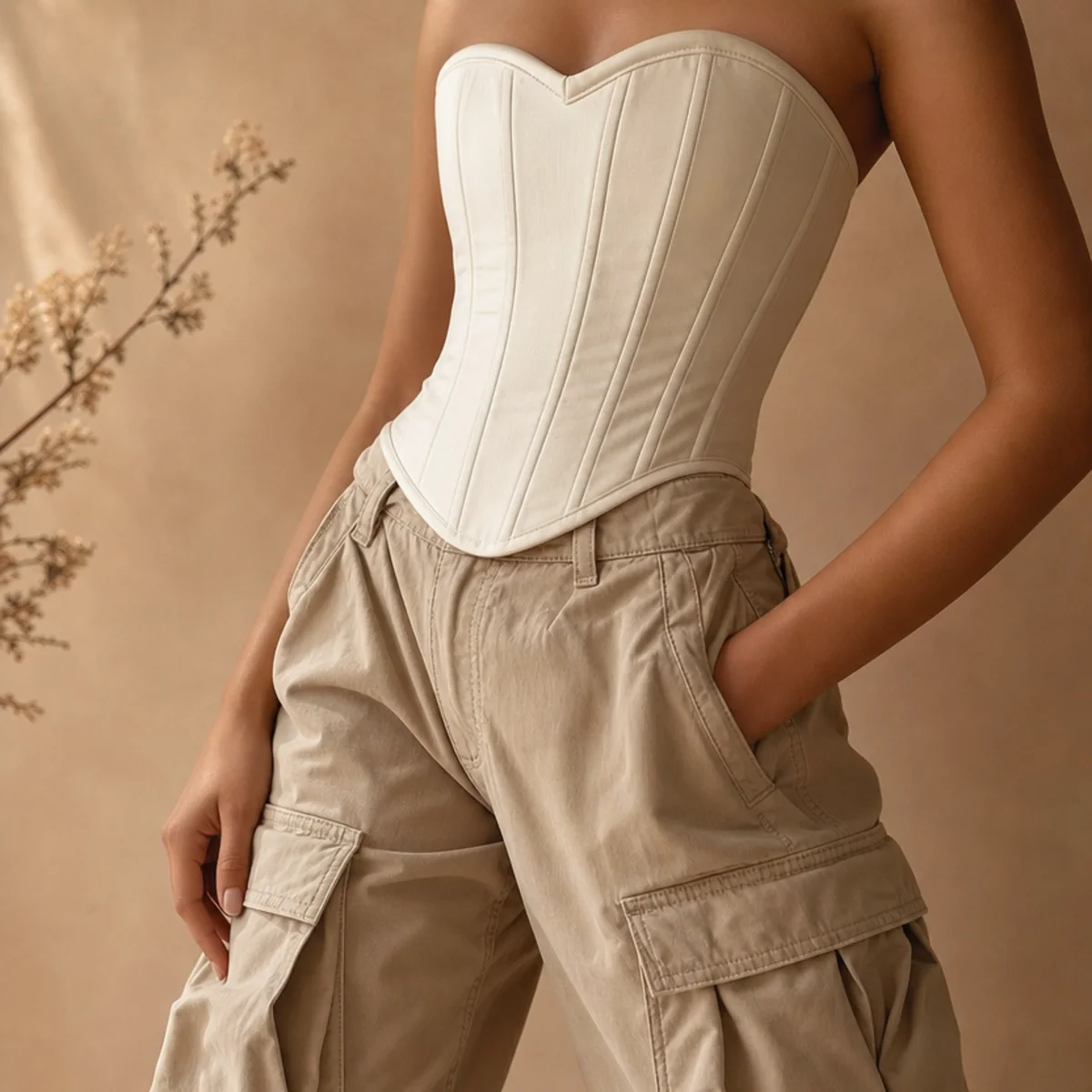 Faceless waist-up shot of a corset top with baggy cargo pants and sneakers