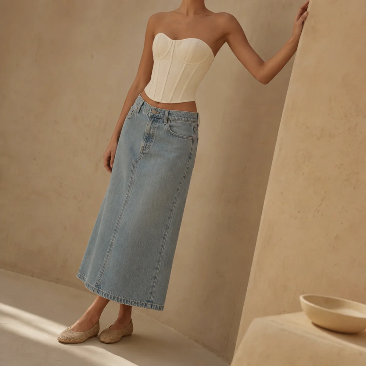 Faceless full-length shot of a corset top with a denim skirt and flats