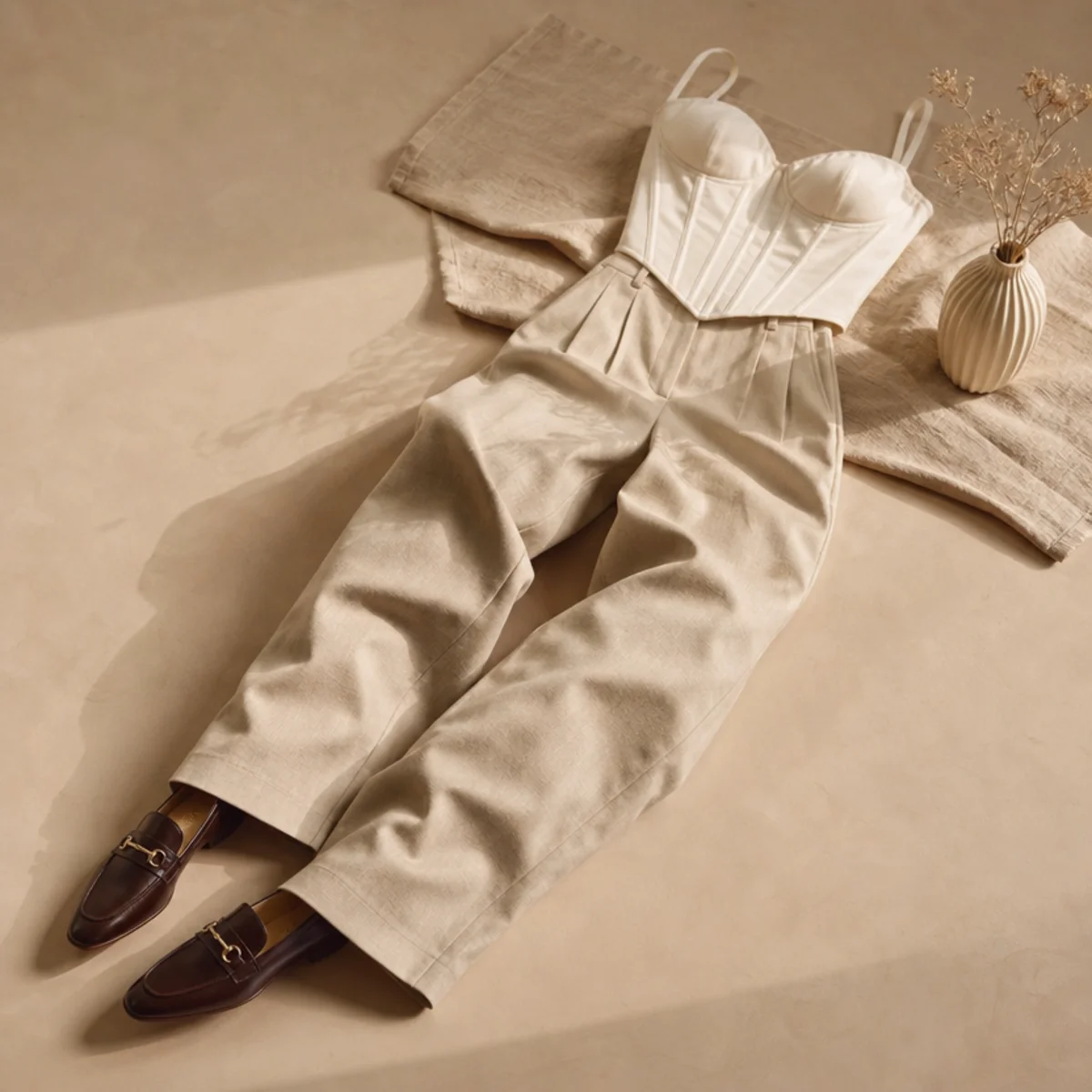 Faceless waist-up shot of a corset top with relaxed trousers and loafers
