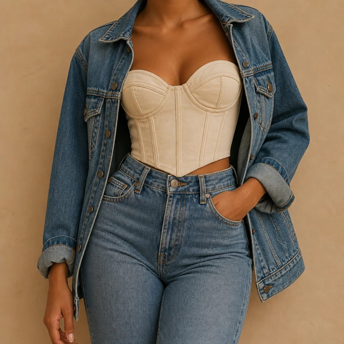 Faceless waist-up shot of a corset top under an open denim jacket with jeans