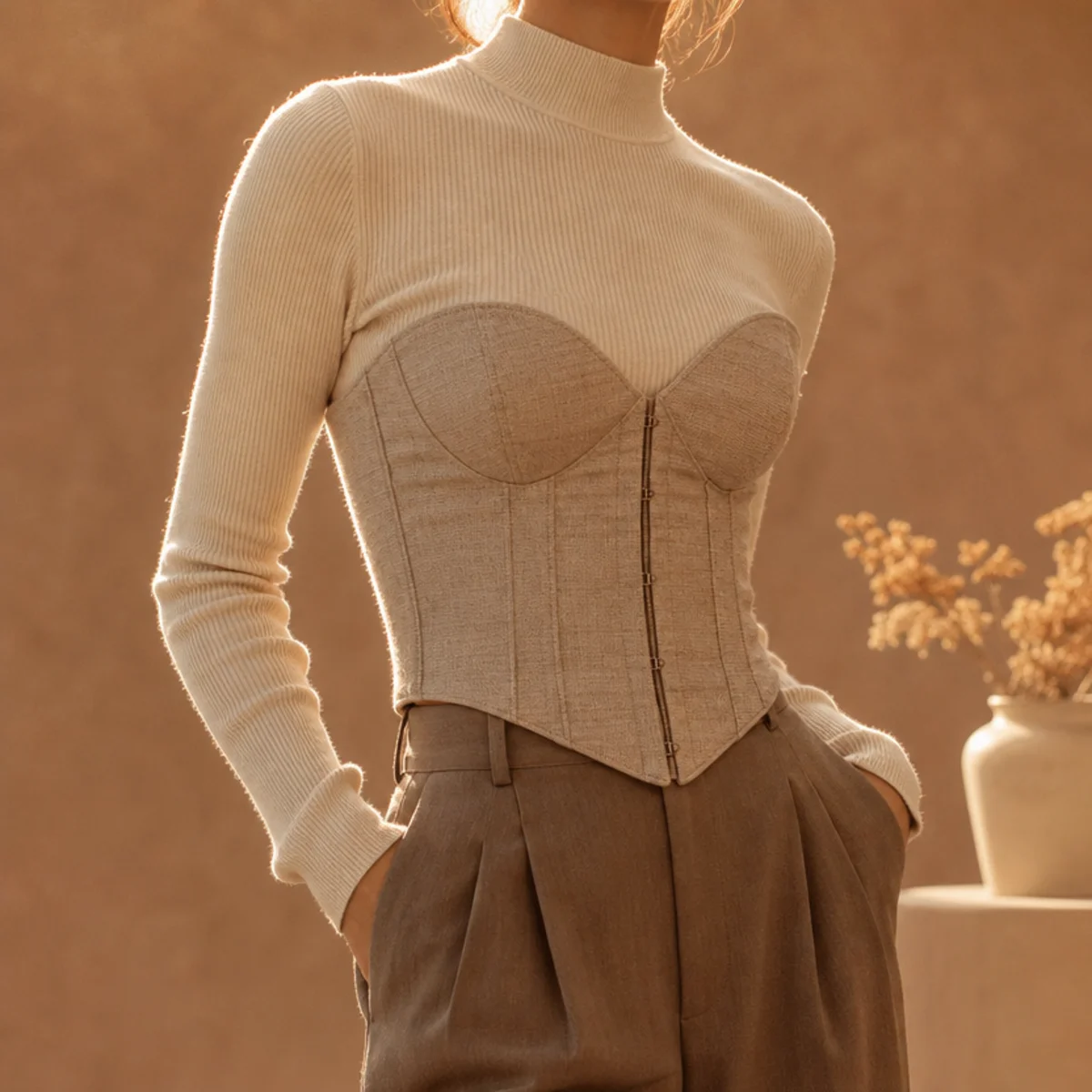 Faceless waist-up shot of a corset top worn over a fitted knit with trousers