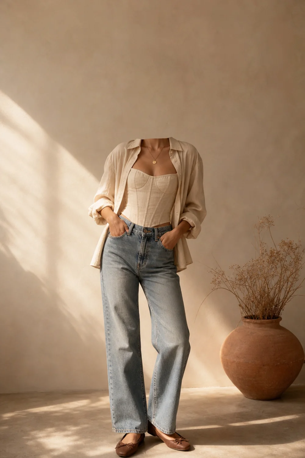 Faceless casual corset outfit with jeans, an open shirt and flats
