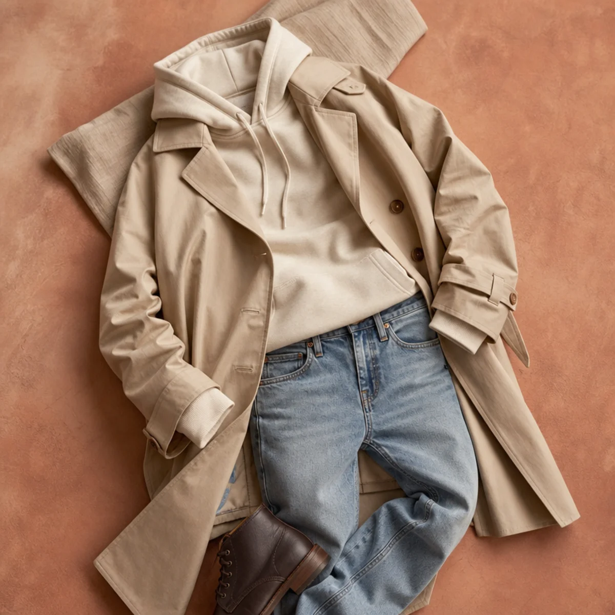 Faceless waist-up shot of a hoodie layered under a trench with jeans and boots